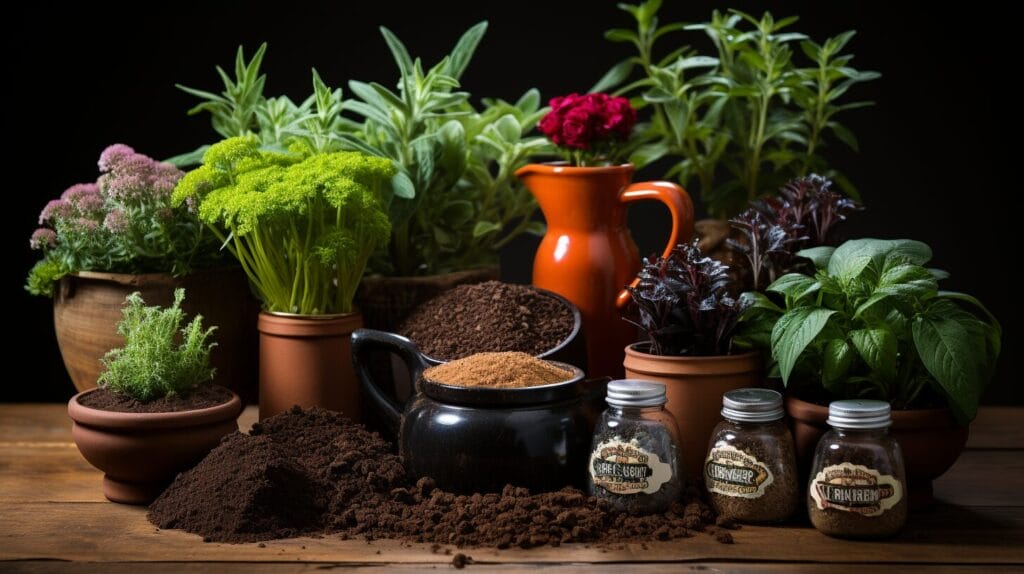 Assorted soil components with gardening accessories on wood.