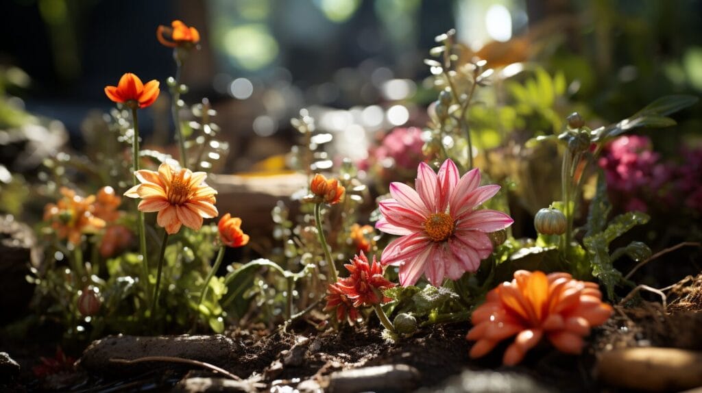 Gardener applying mulch to a well-prepared bed with healthy plants, barrier cloth, and a few withered weeds.