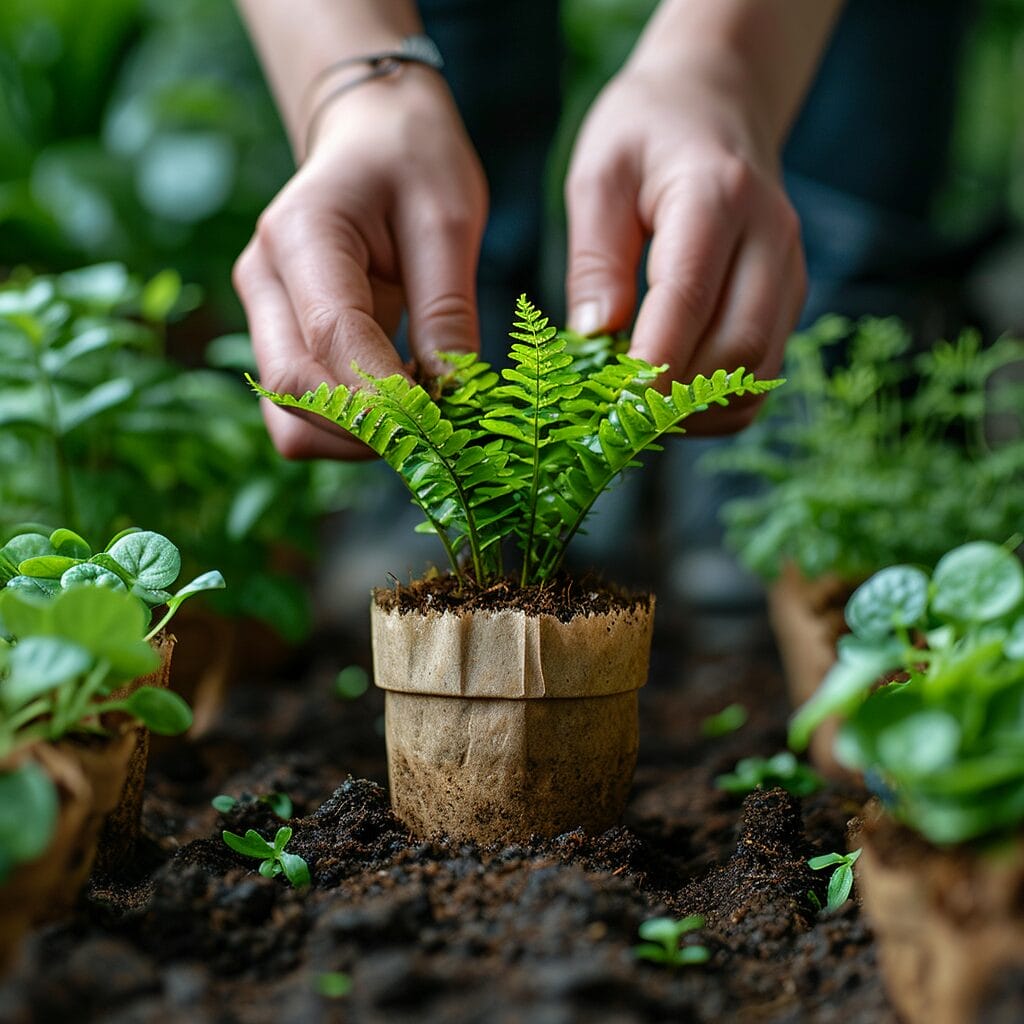 Gardener examining peat moss bags at garden center.
