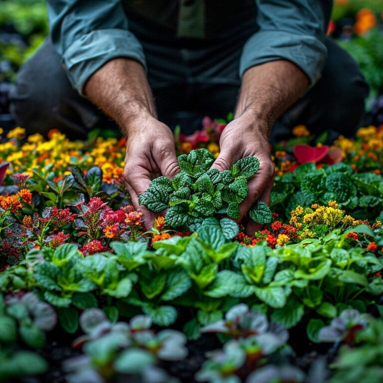 Gardener tending diverse garden with peat moss.