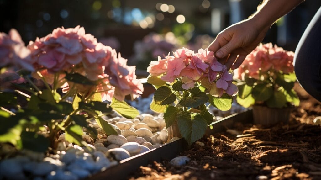 Gardener transplanting blooming hydrangea in spring light.