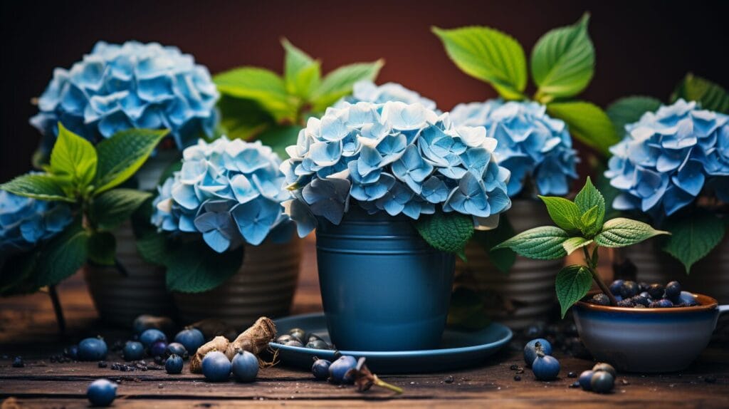 Gardener transplanting hydrangea with moon cycle chart.
