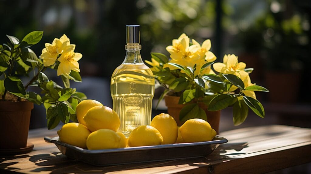 Gardenia with yellow leaves, vinegar, pH kit, and fertilizer.