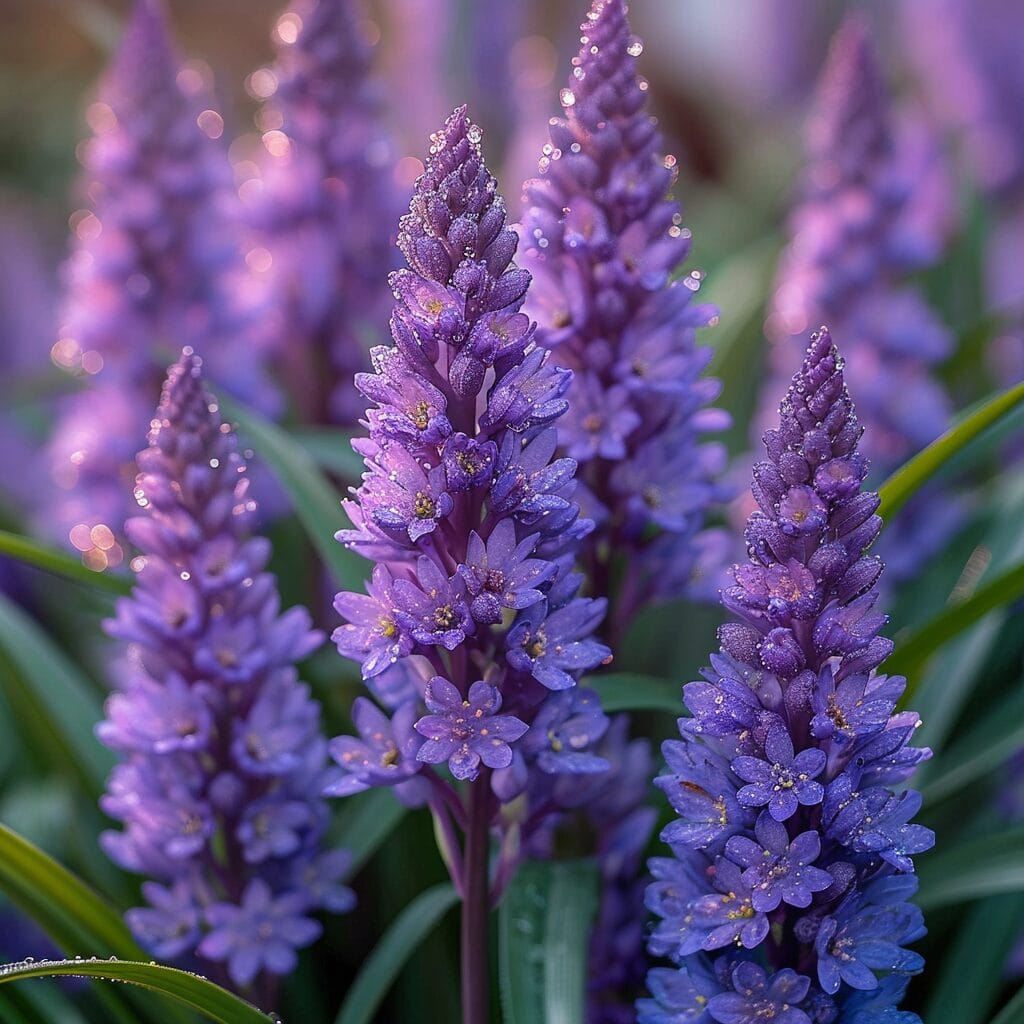 Glistening dew on vibrant Liriope muscari with soft greenery.