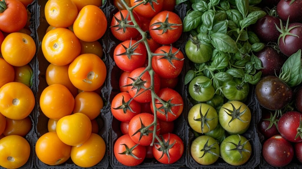 Grocery store display of tomatoes highlighting low acid varieties.