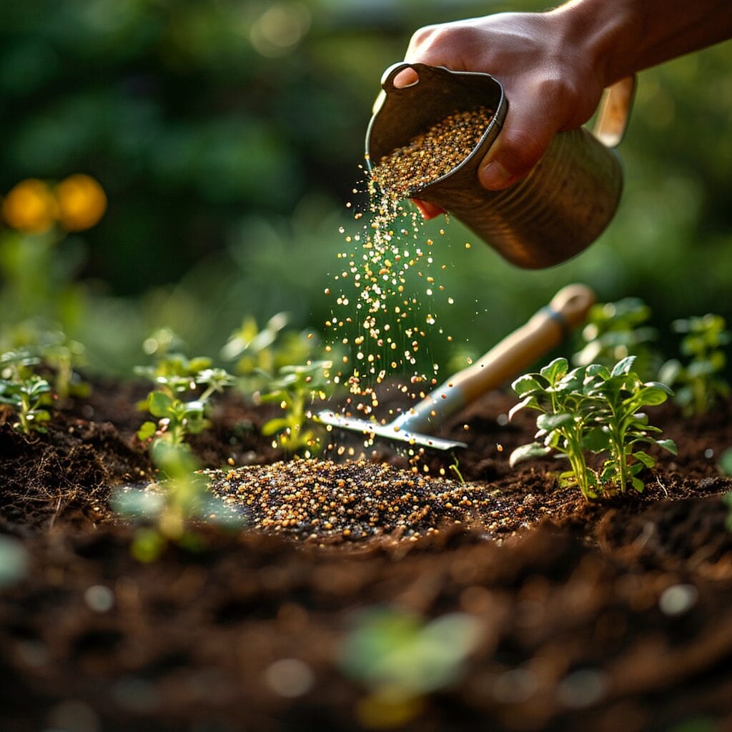 Hand-held spreader seeding lawn with bare spots