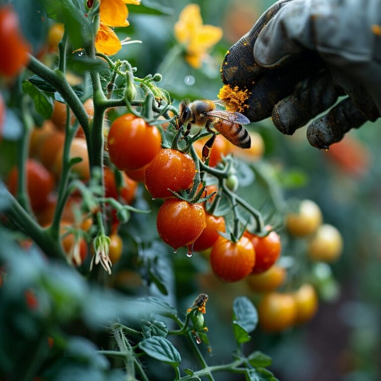 Hand pollinating tomato flower with bee.