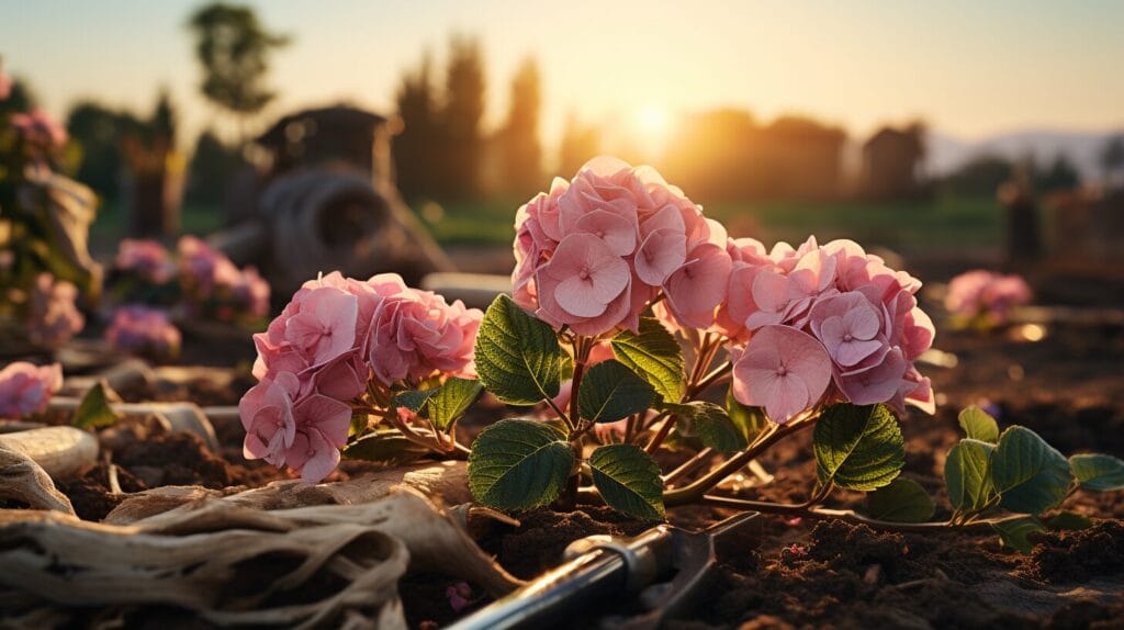 Hands transplanting hydrangea with tools and soil progression.