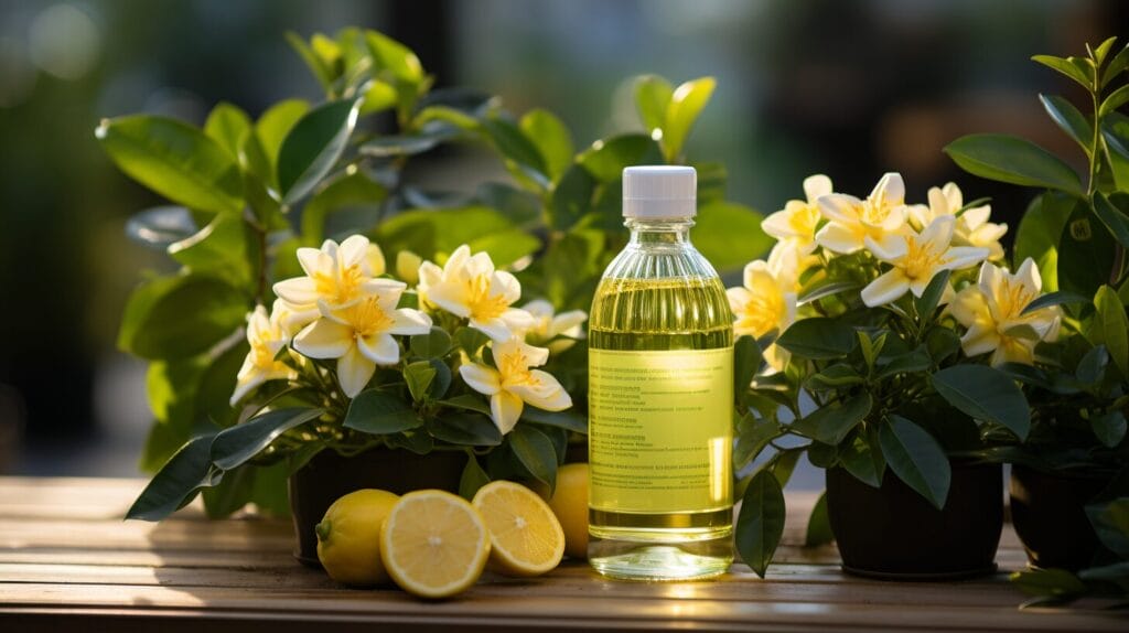 Healthy and sickly gardenia plants with vinegar and watering can in sunlight.
