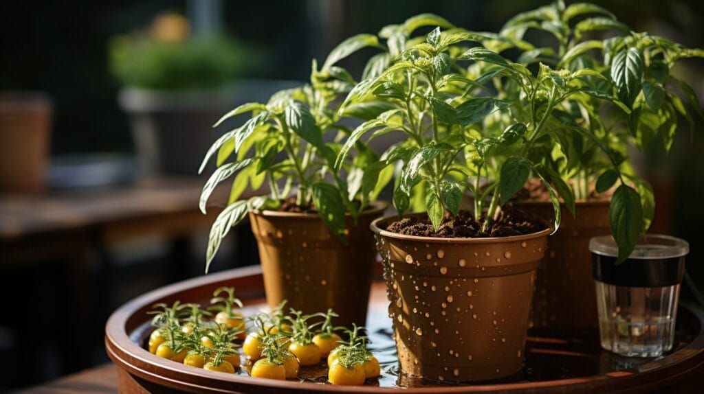 Healthy and wilting pepper plants side by side with a watering can and thermometer in sunlight.