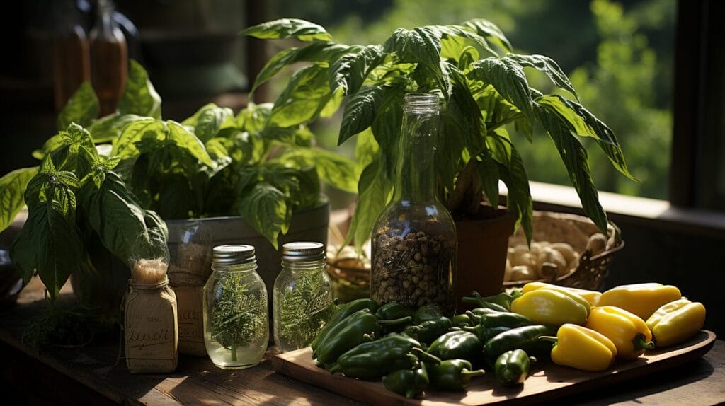 Healthy pepper plant with firm leaves, watering can, fertilizer, and insecticidal soap on sunlit soil.