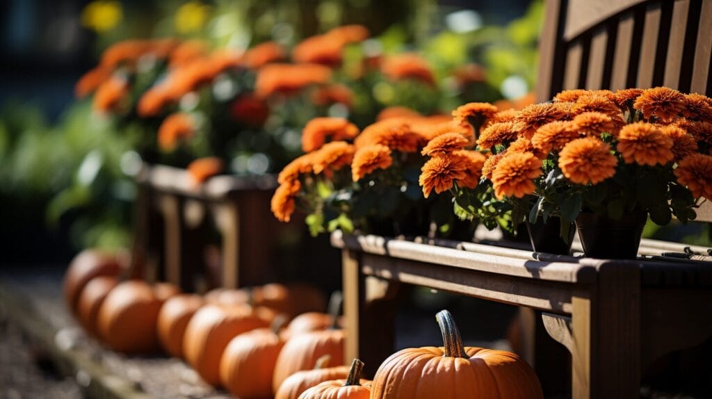 Healthy pumpkin patch with gardening tools.