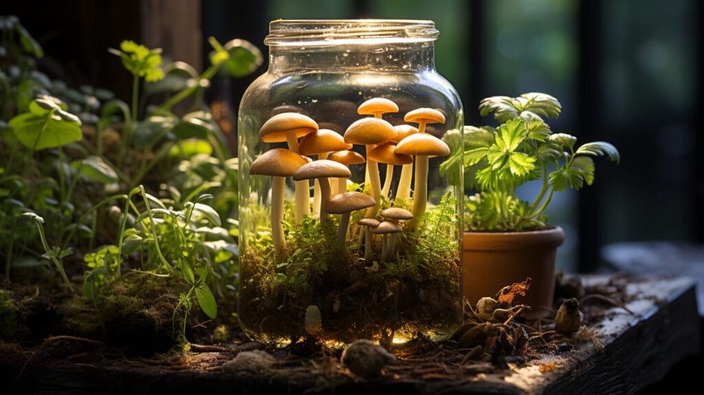 Houseplant with white mushrooms at base, roots in transparent pot, magnifying glass, wilted leaf.