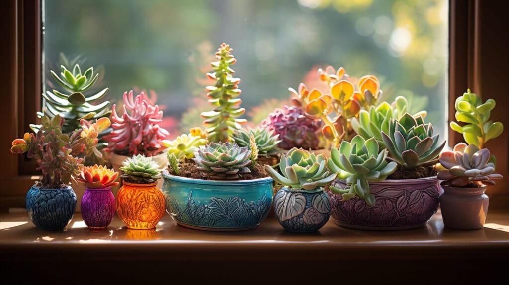 Indoor plants aloe vera and cacti in sunlit room.