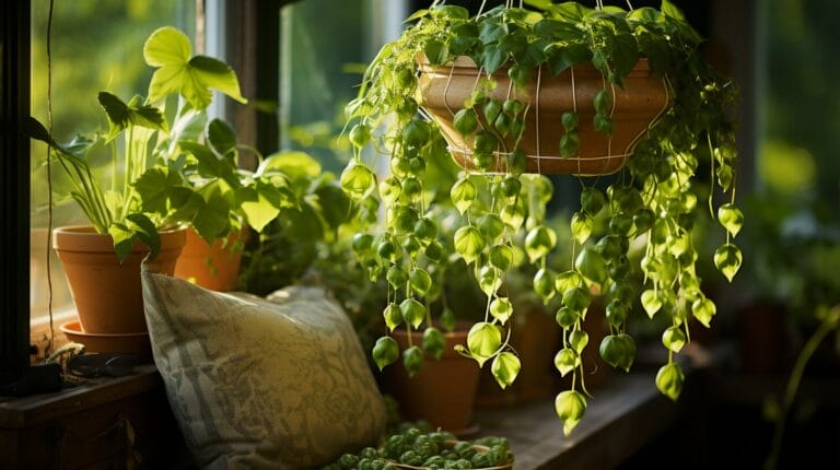 Indoor vine plants in hanging pots.