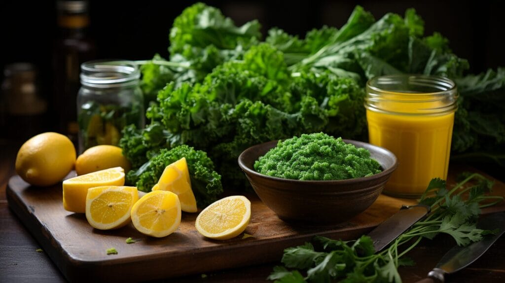 Kale salad with squash on wooden table.