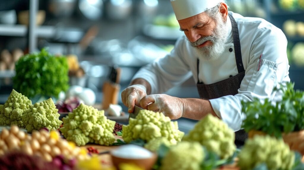 Kitchen scene with chef chopping fresh Romanesco surrounded by colorful ingredients and cooking utensils.