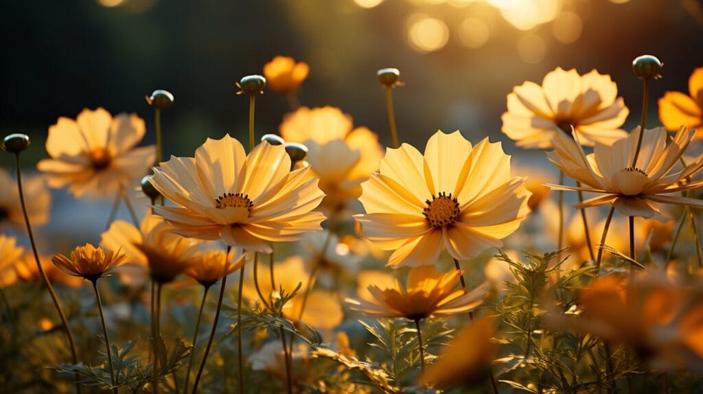 Labeled yellow wildflowers names in meadow and blue sky.