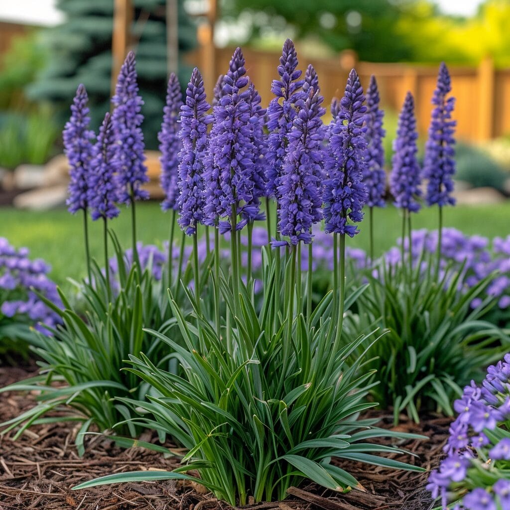 Liriope grass with purple flowers and garden tools in sunlight.