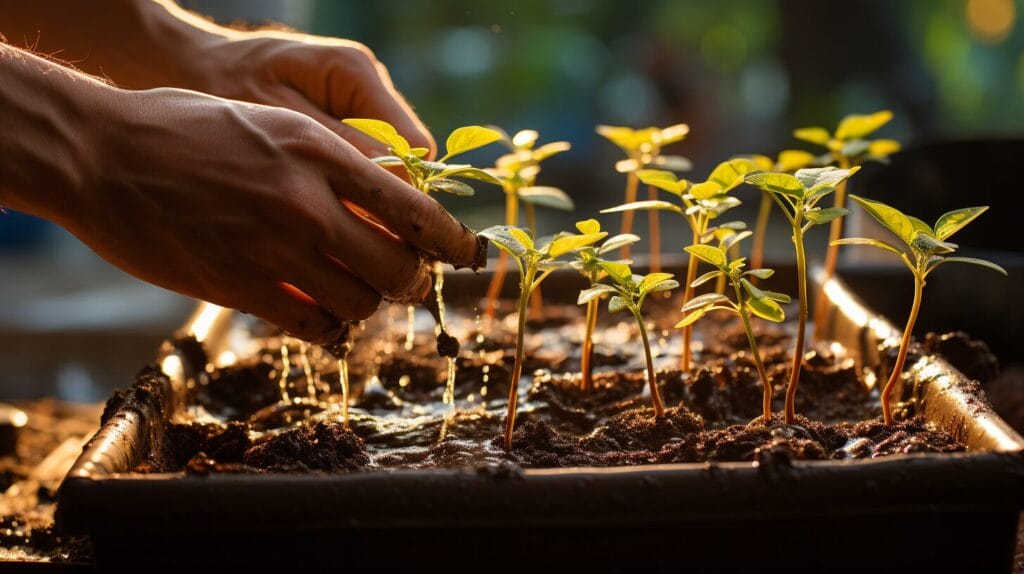 Soil block formation with hands in a greenhouse.
