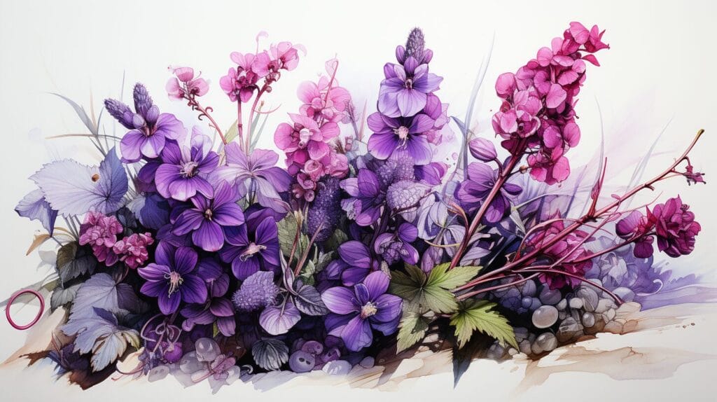 Lush lawn with close-up on vibrant purple-flowered weeds.