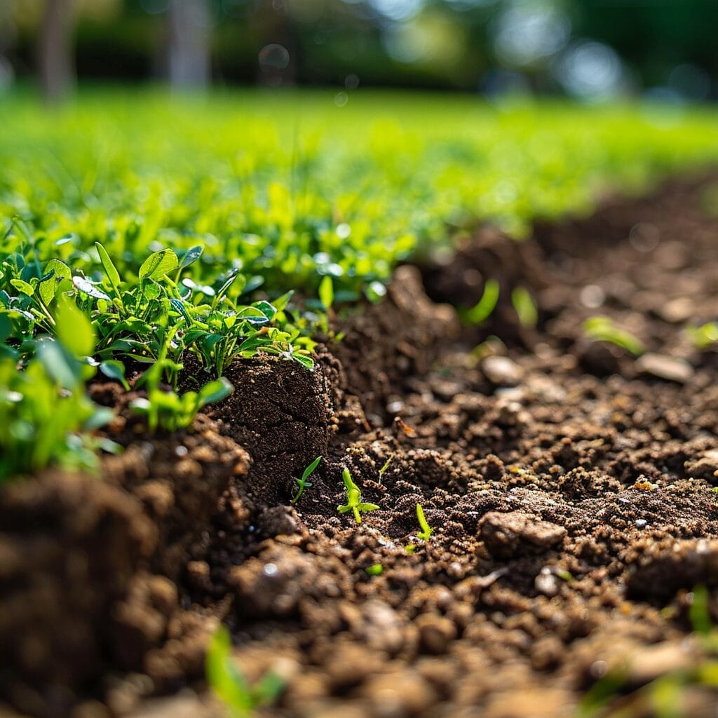 Lush lawn with new seeds and transitional growth