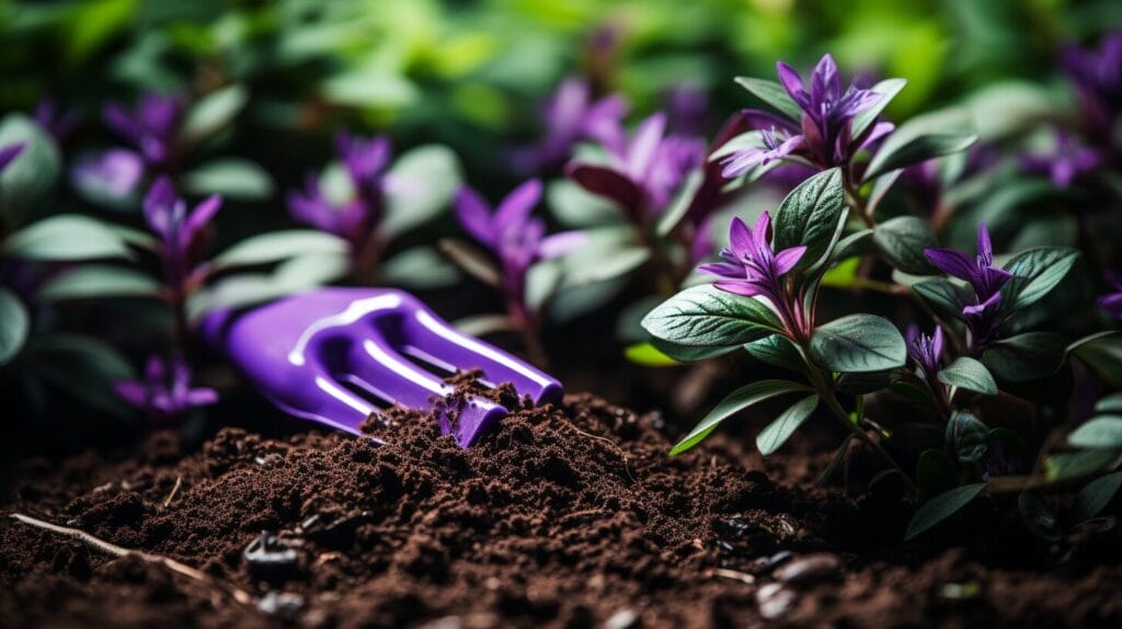 Manicured lawn with purple weeds and eco-friendly gardening tools.