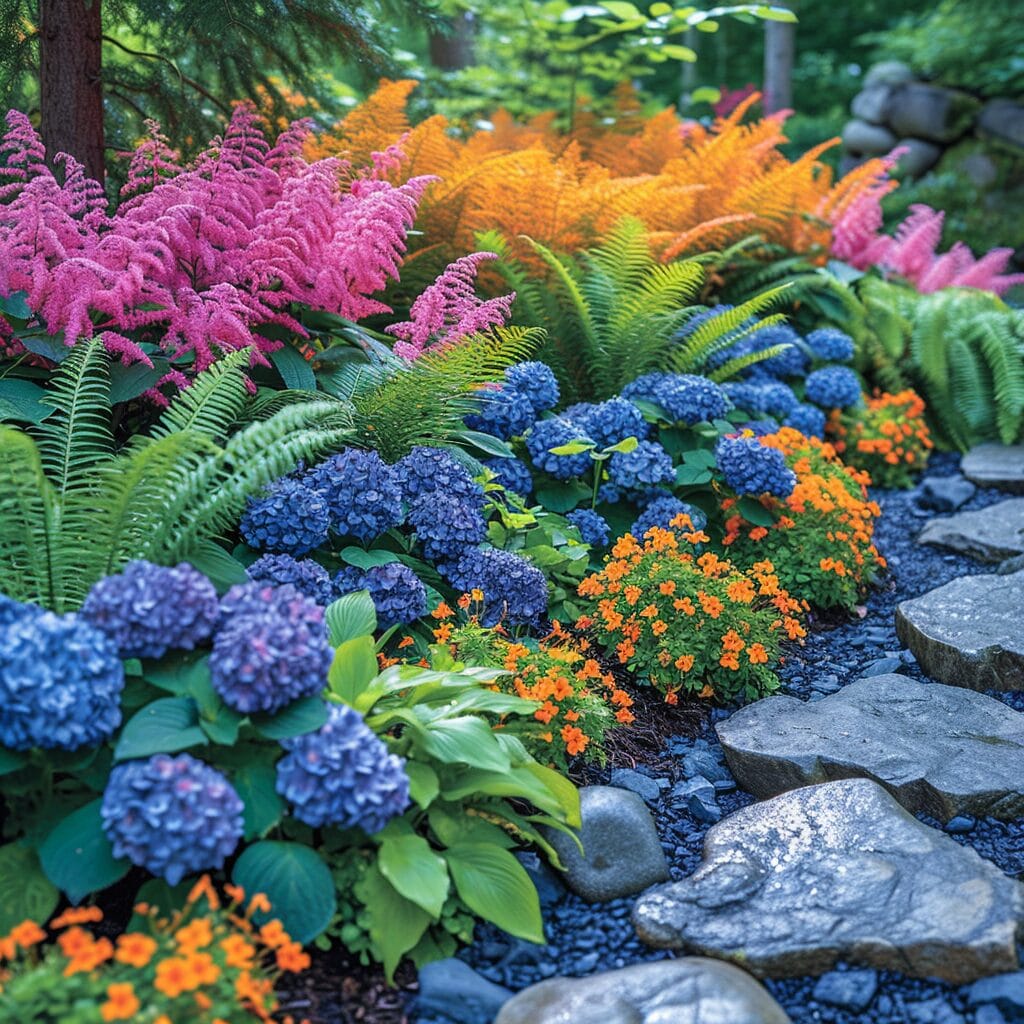 Moisture-loving plants in peat moss-filled garden.