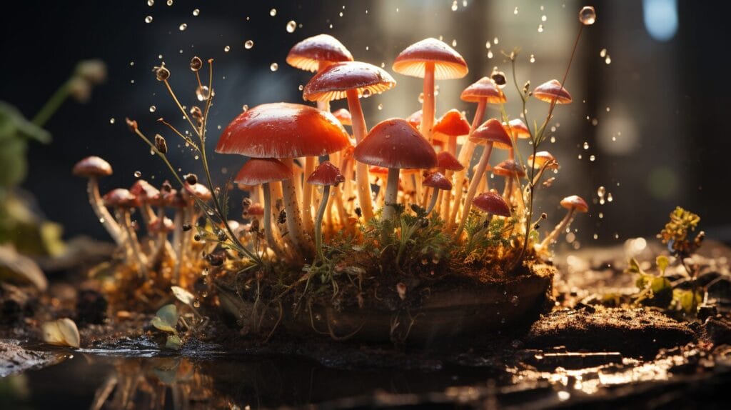 Mushrooms in overwatered indoor potted plant with decaying matter.