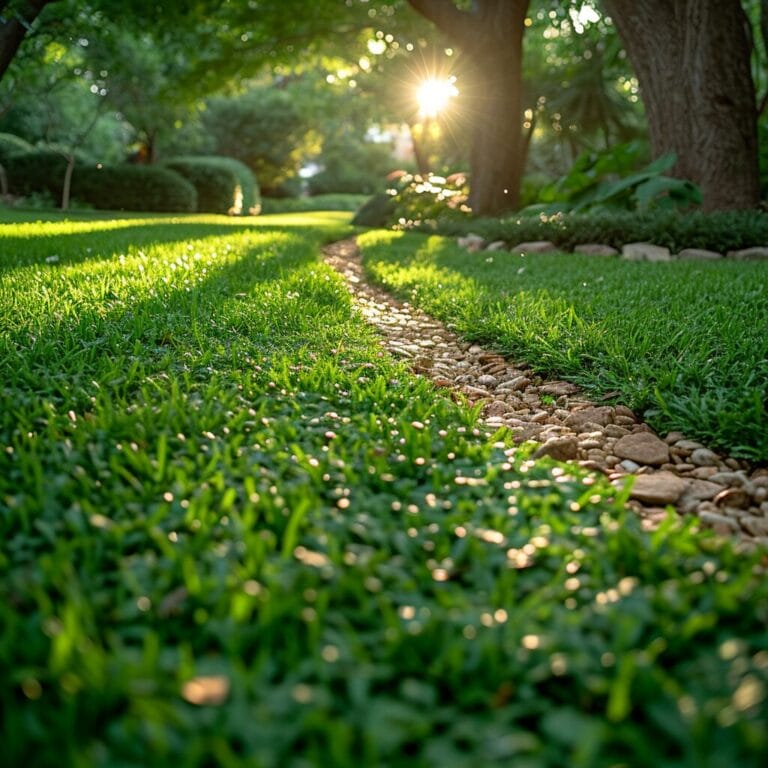 Patchy lawn with seeding and lush growth in sunlight