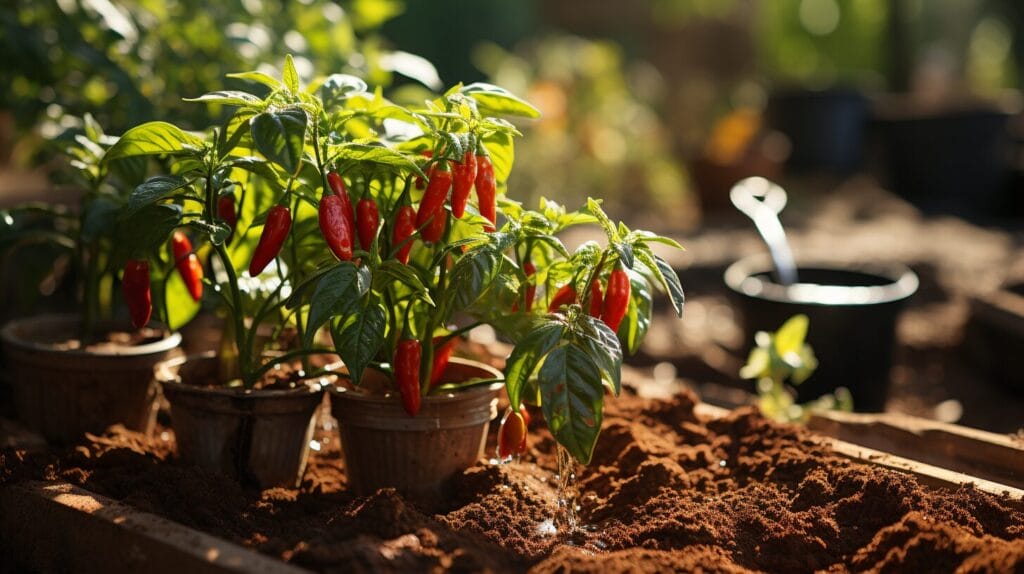 Pepper plant with drooping leaves and pests like aphids, spider mites, and a magnifying glass on damaged foliage.