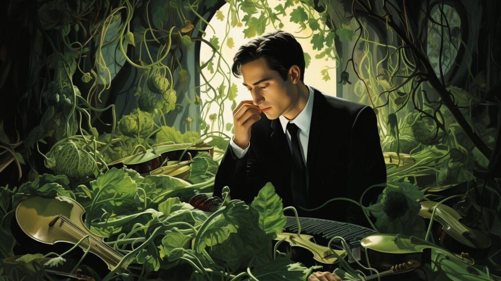 Person enjoying slices of burpless cucumbers against a background of question-mark-shaped vines.