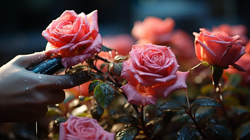 Person spraying vinegar, dying aphids, healthy roses, question mark mist.