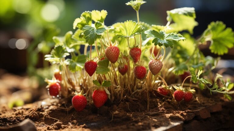 Planting bare root strawberries in sunlit soil with calendar and spring backdrop.