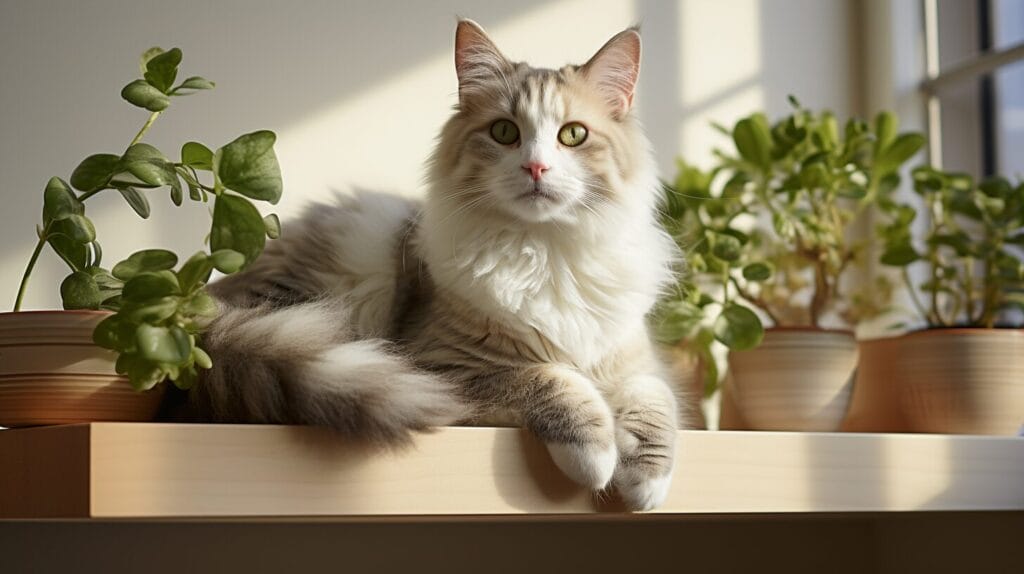 Pothos on high shelf with curious cat below, cat-safe living room.
Adorable pothos plant cats love. 