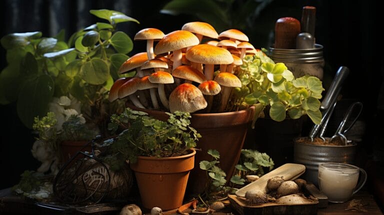 Potted plant with white mushrooms, gardening gloves, trowel, organic fungicide.