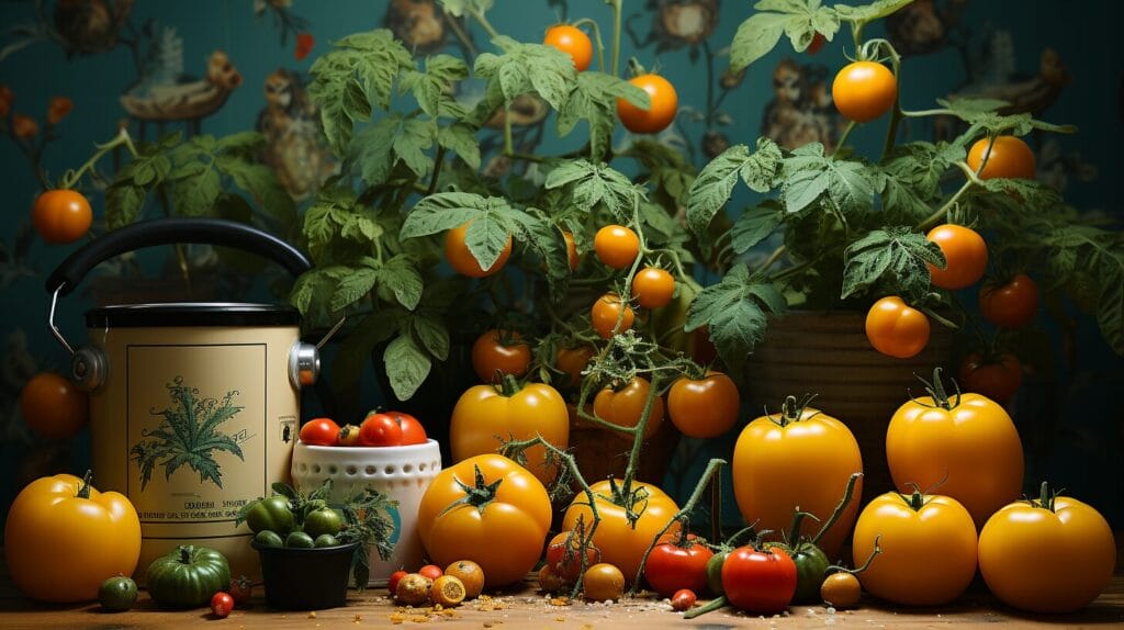 Potted tomatoes with droopy leaves and moisture meter