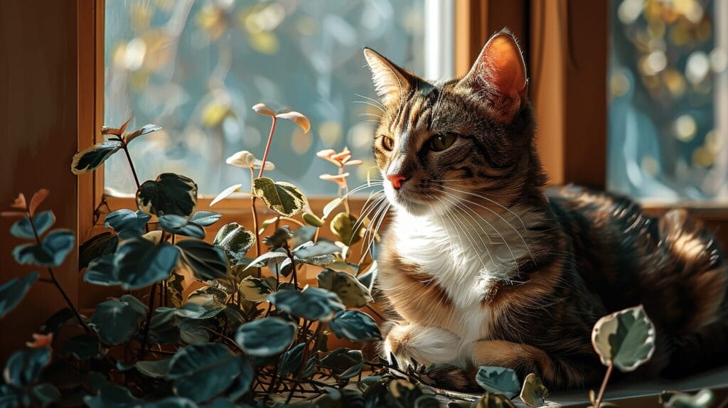 Protective barrier between peperomia plant and curious cat indoors.