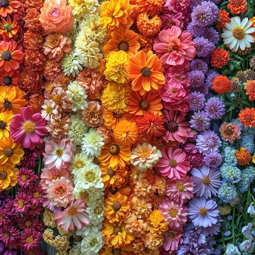 Rainbow gradient of 'M' flowers collage.