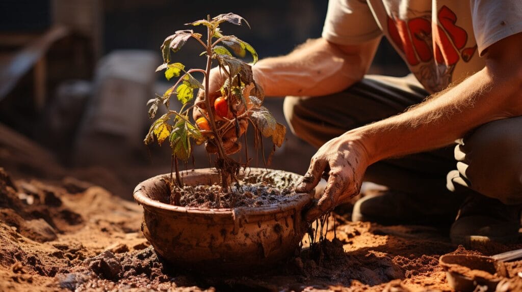 Repotting wilted tomato plant in sunny condition