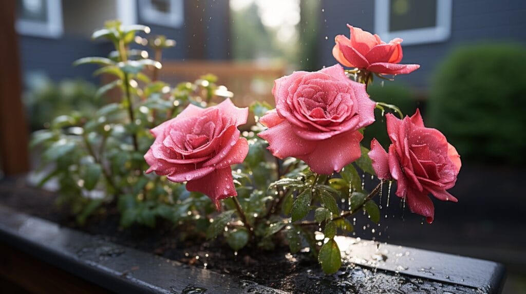 Rose bush, healthy blooms, dead aphids, vinegar spray bottle.