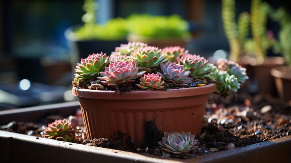 Sempervivum in pot with pruning tools on windowsill.