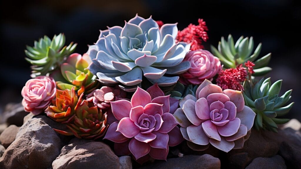 Sempervivum with flowers in rock garden.
