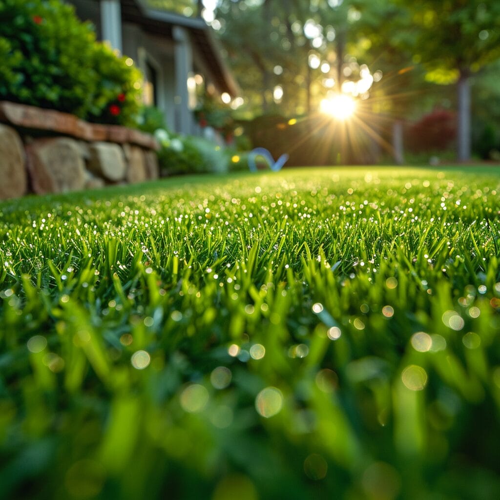 Sequence of lawn repair steps ending with lush grass