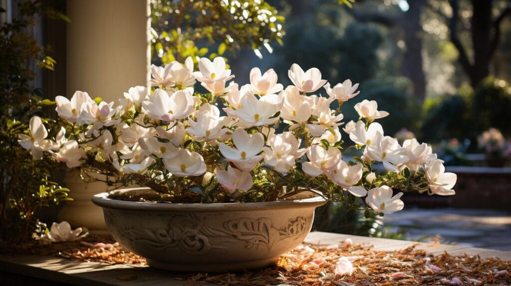 Serene garden with white dogwoods and magnolias.