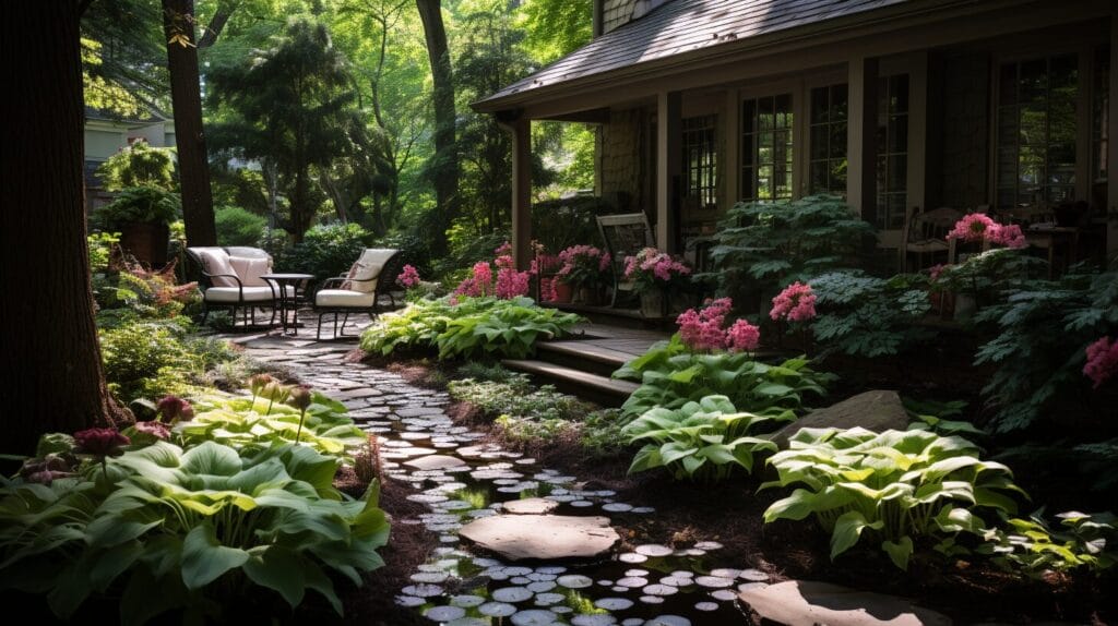 Serene shade garden, hostas, ferns, astilbes, bleeding hearts, maple tree.