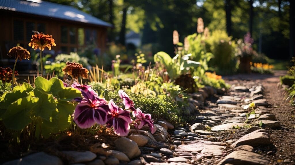 Sunlit garden bed with thick mulch, emerging weeds and thriving diverse plants.
