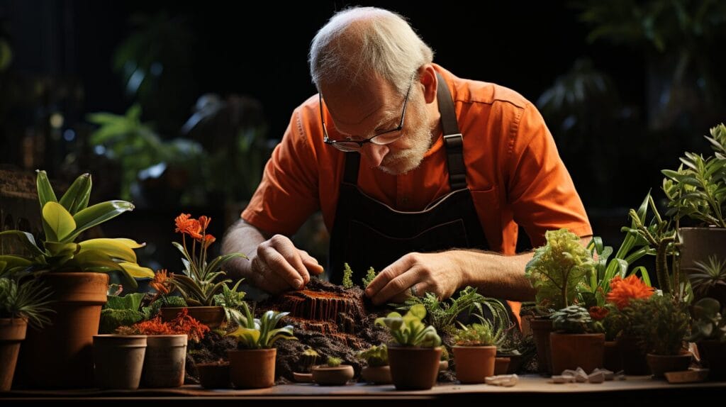 Teasing tangled roots, garden tools, terra cotta pots.