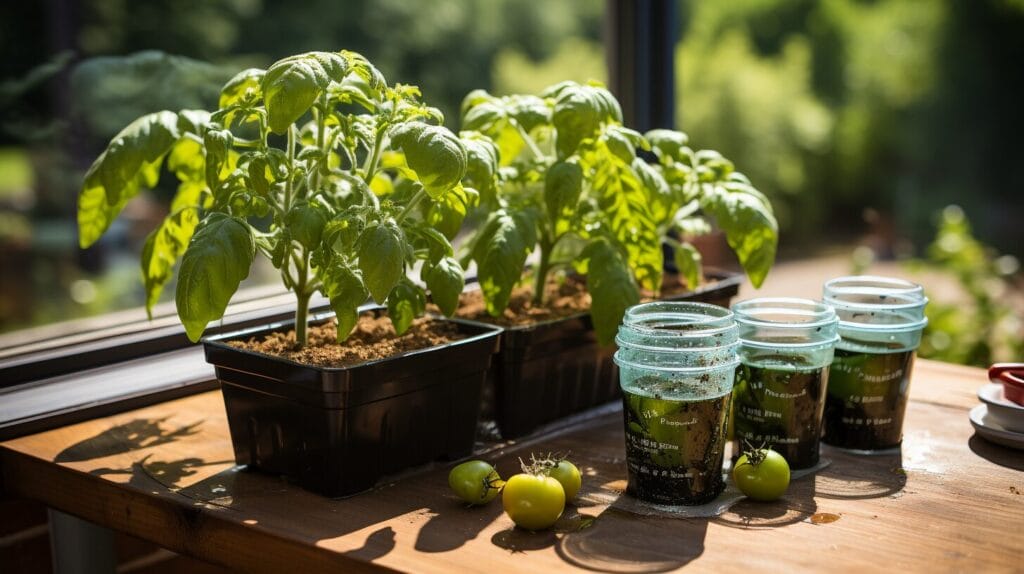 Tomato plants with waterlogged soil and moisture meter