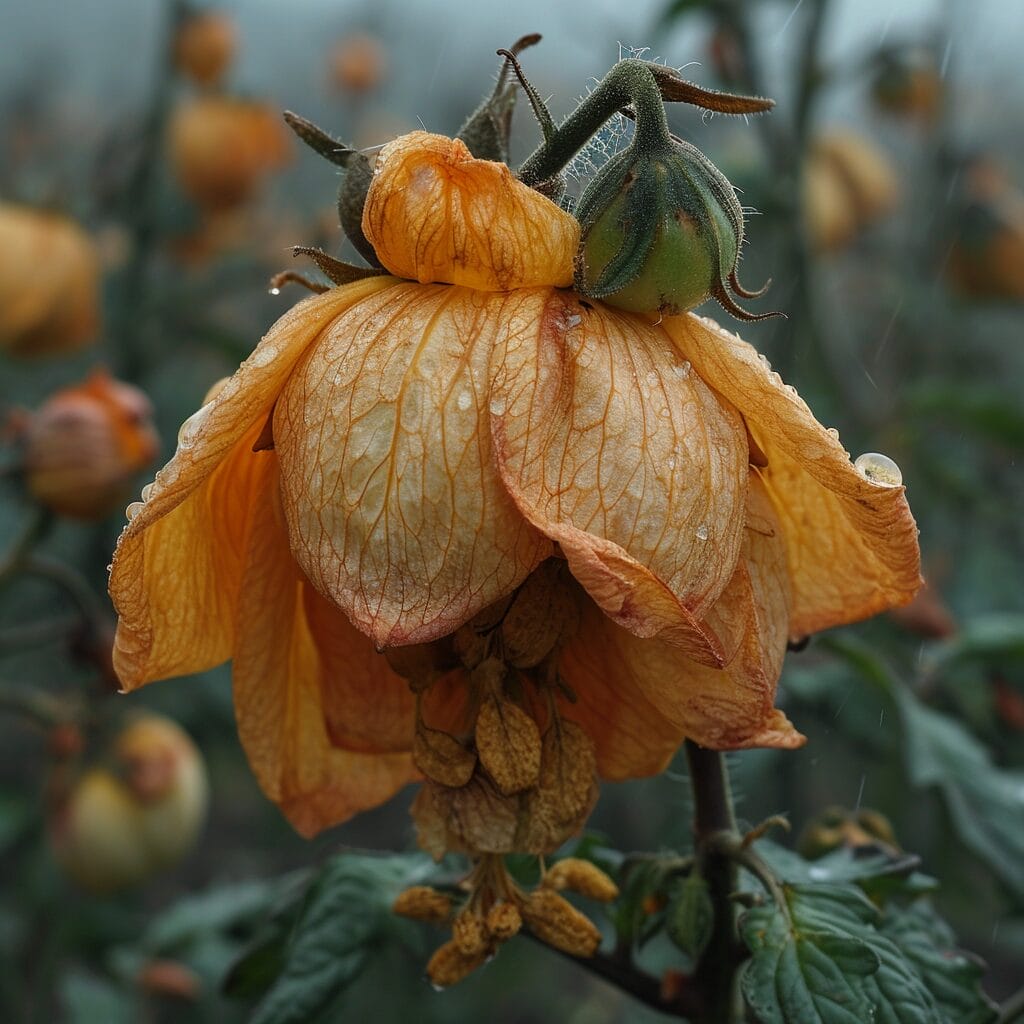 Unpollinated tomato flower with garden backdrop.